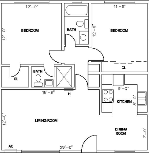 Floor plan for 2 beds, 2 baths, 833 sqft